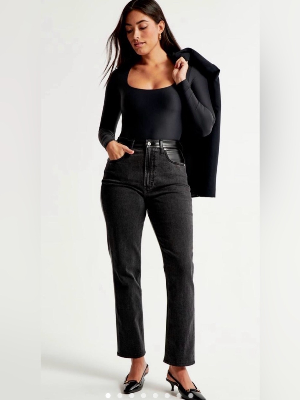 #430-Abercrombie & Fitch HighRise Black/Faux Leather on Back Straight Jeans Sz.6